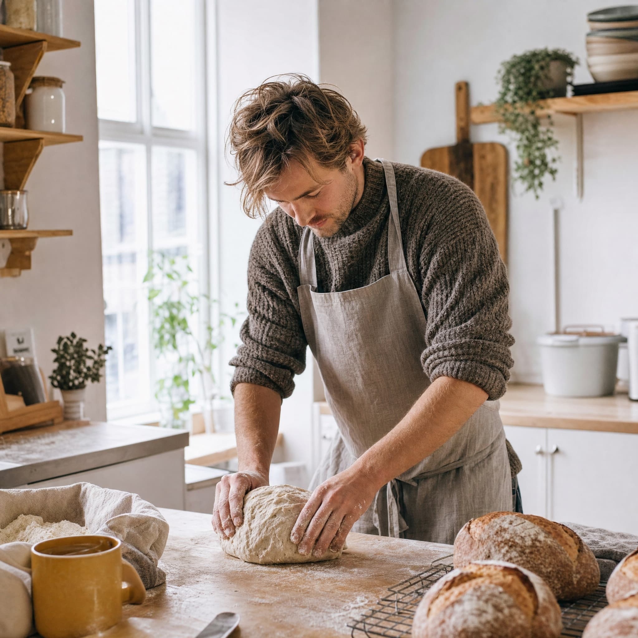 Hjemmebaker som former et surdeigsbrød